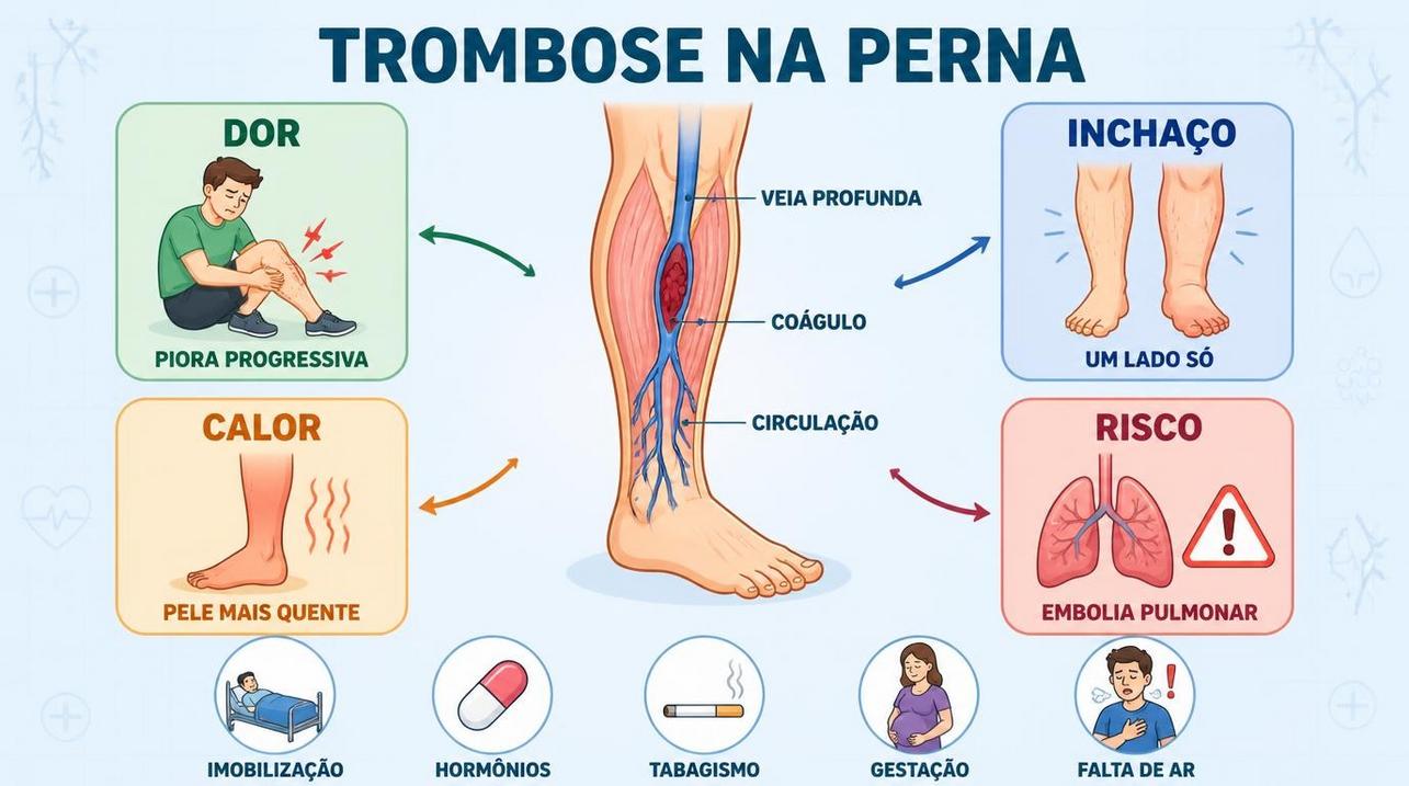 Infográfico resume sinais, riscos e fatores ligados à trombose venosa profunda.