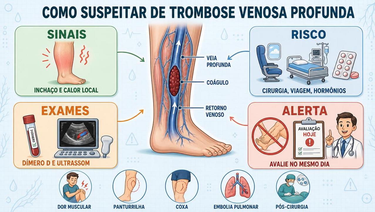 Sinais, riscos, exames e alerta rápido para suspeita de trombose venosa profunda.