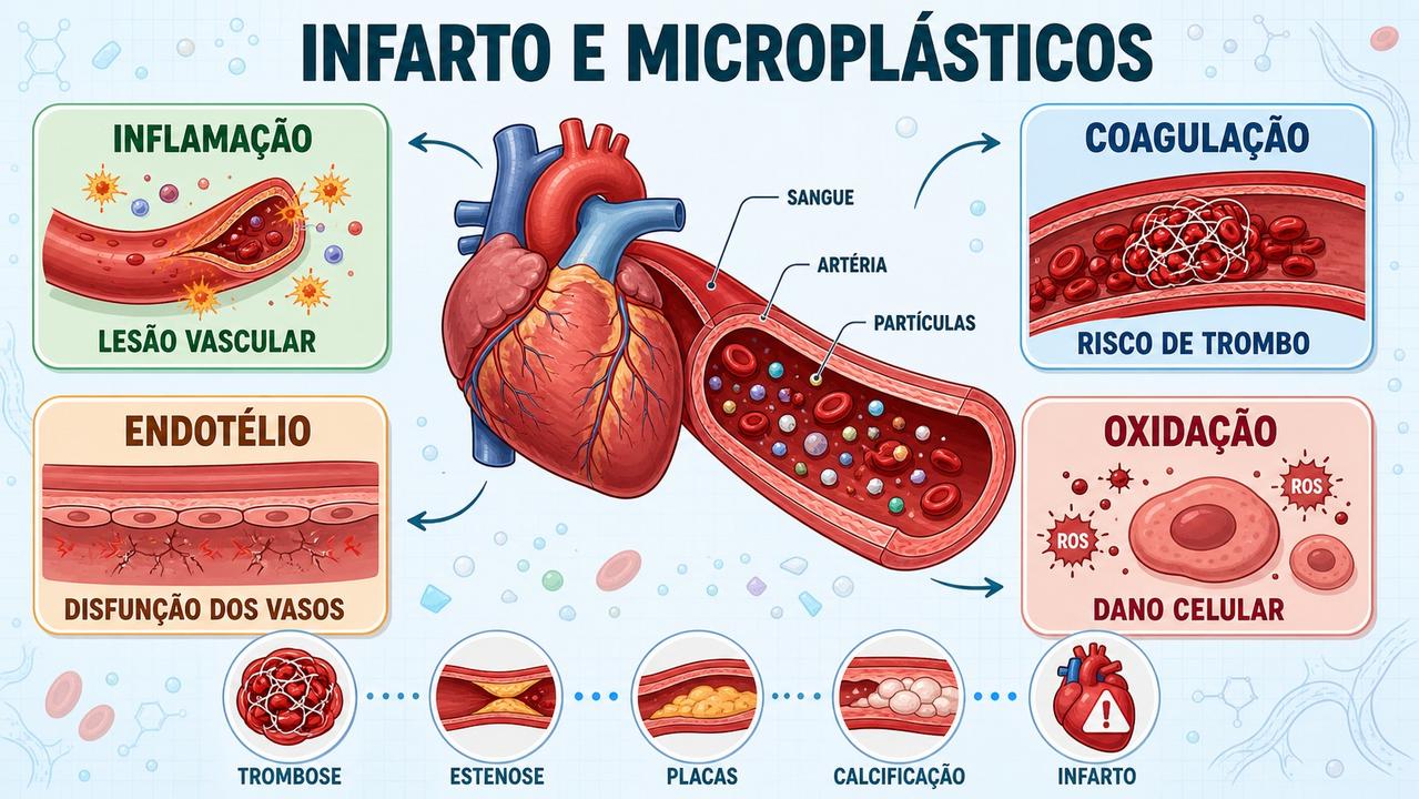Infográfico resume mecanismos vasculares ligados a microplásticos, inflamação, trombose e infarto.