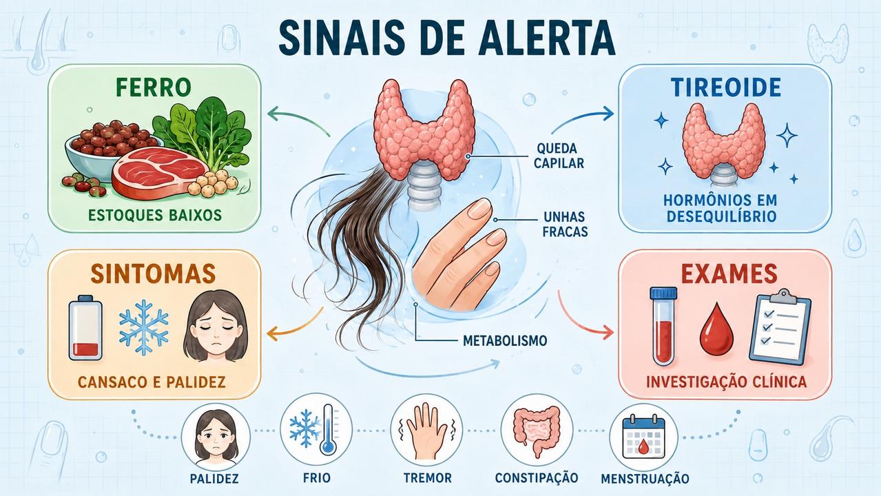Infográfico resume sinais, causas e exames ligados a unhas fracas e queda capilar.