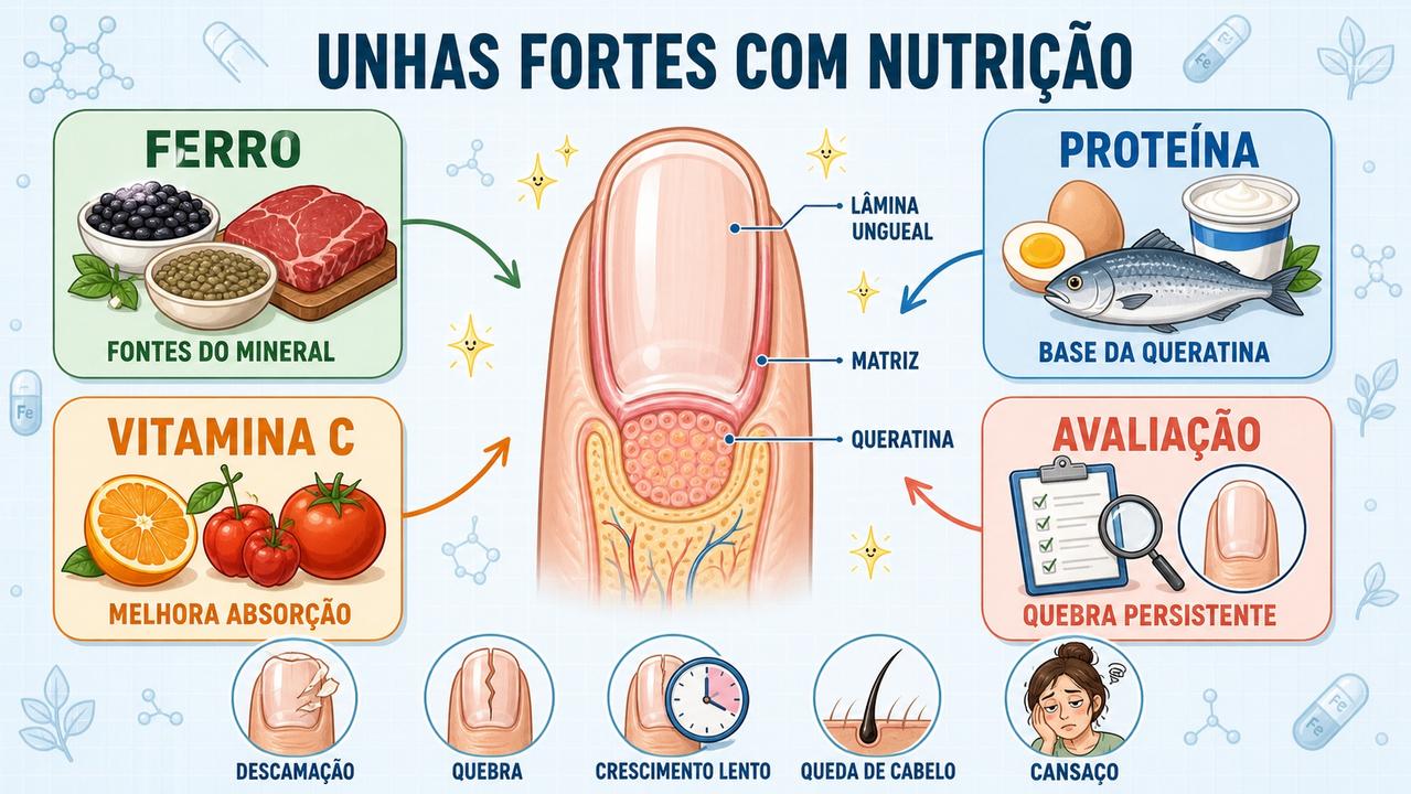 Ferro, proteína, vitamina C e avaliação explicam pilares para unhas mais fortes.