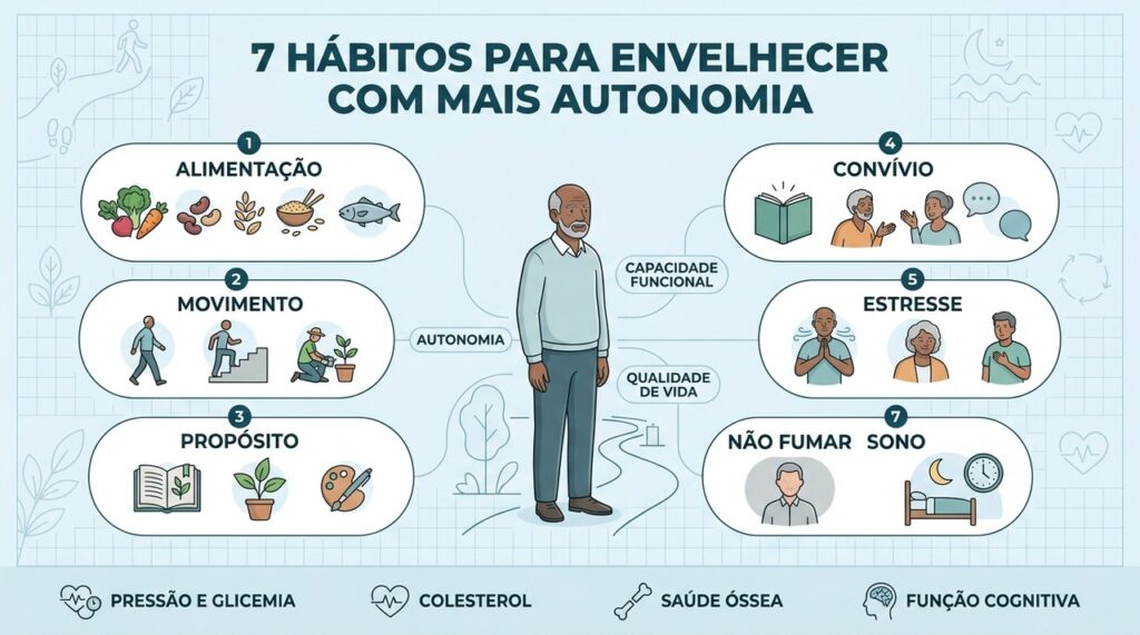 Sete hábitos sustentam autonomia, saúde funcional e qualidade de vida no envelhecimento.