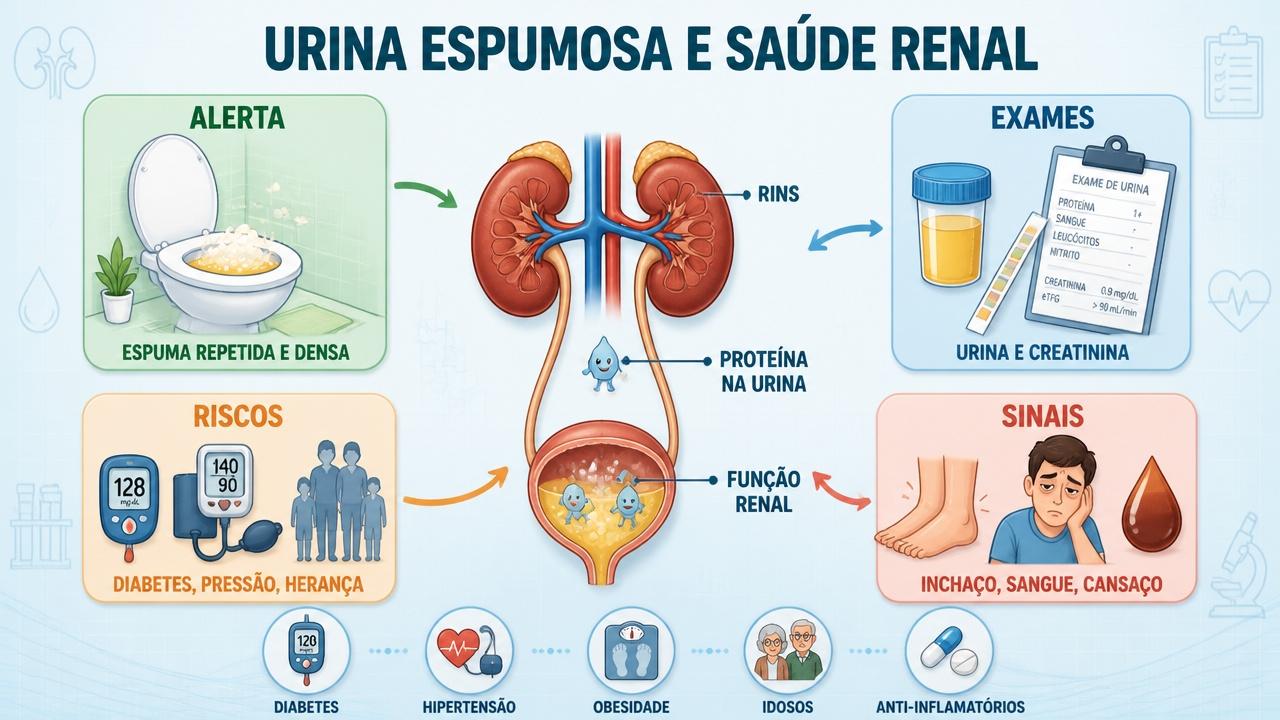 Infográfico resume sinais, exames, riscos e alertas da proteinúria persistente.