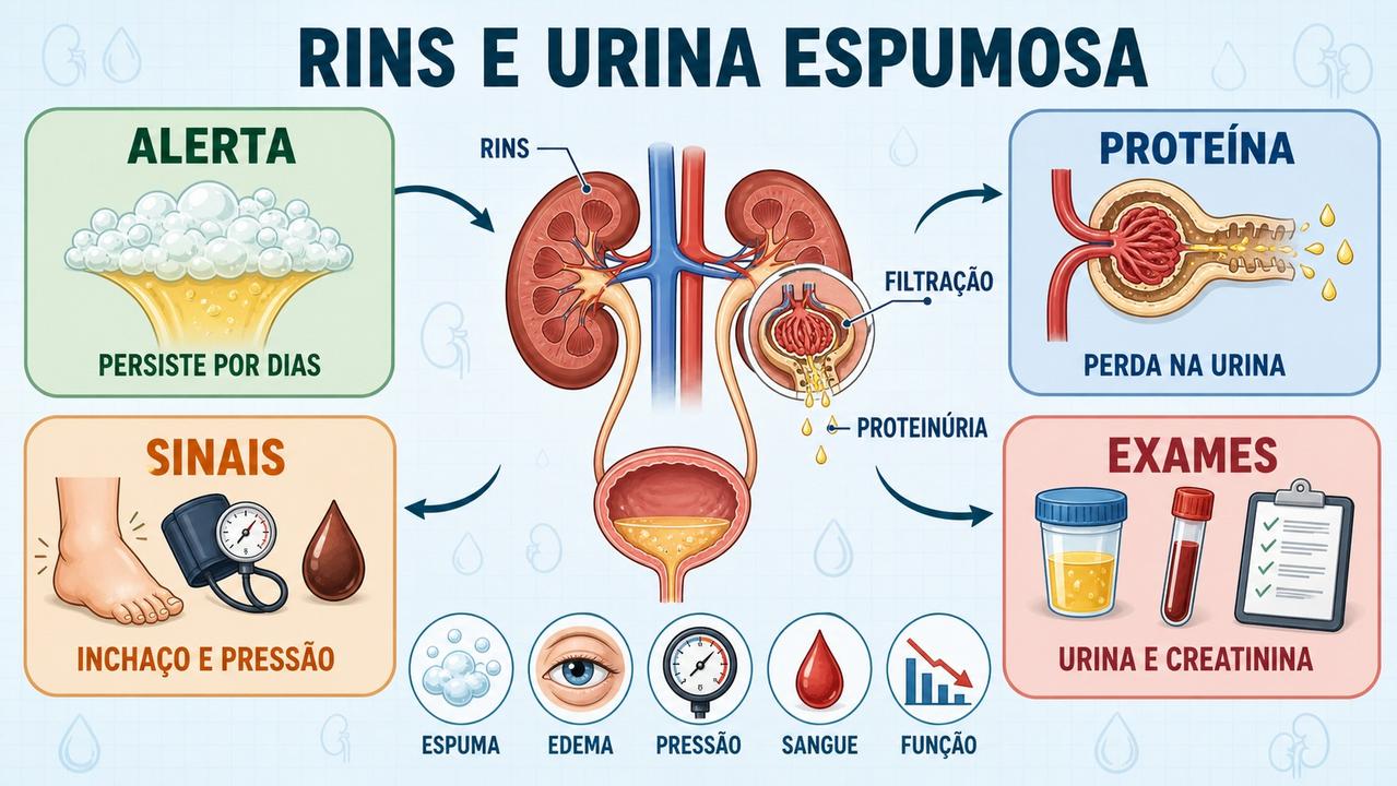 Infográfico resume alerta, proteinúria, sinais associados e exames para avaliar os rins.