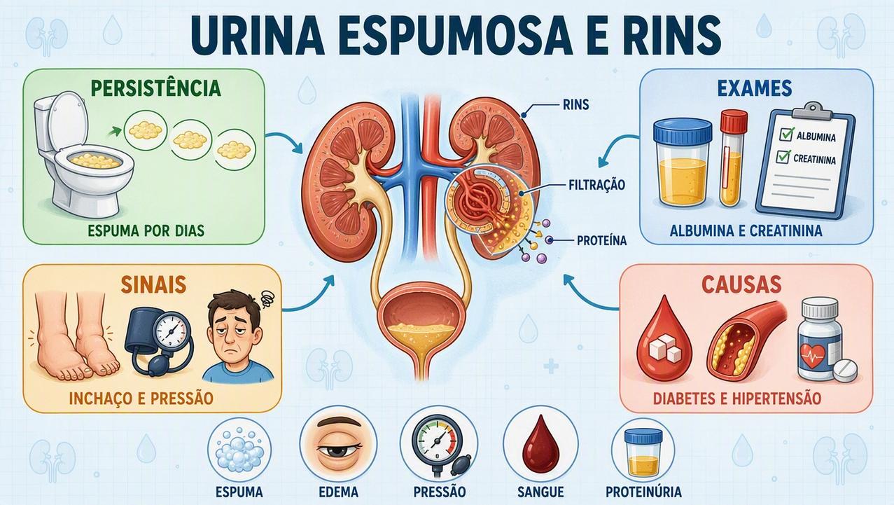 Persistência, exames, sinais e causas orientam a investigação da urina espumosa.