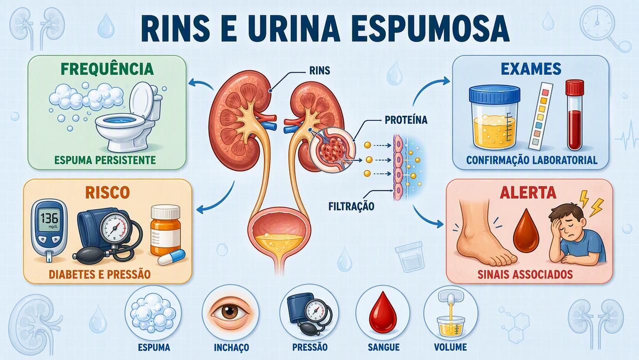Infográfico resume frequência, exames, fatores de risco e sinais de alerta renal.