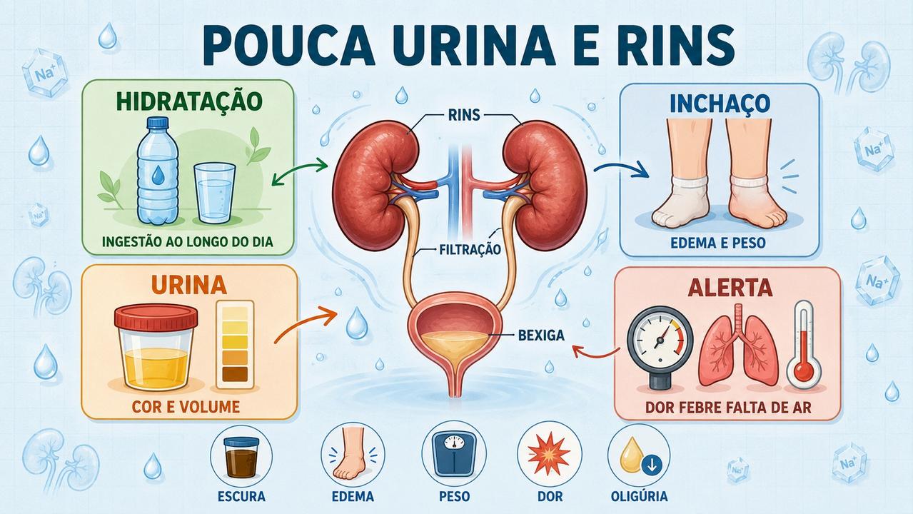 Infográfico resume hidratação, inchaço, urina e sinais de alerta relacionados aos rins.