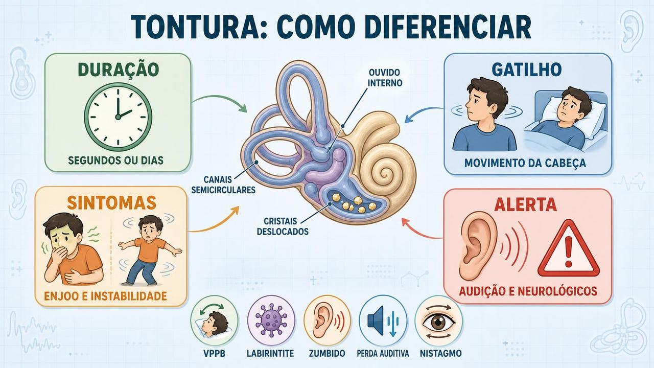 Duração, gatilhos, sintomas e alertas ajudam a diferenciar causas da tontura.