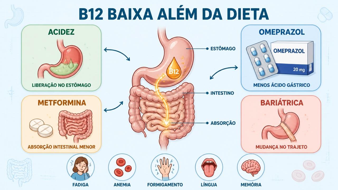 Acidez, omeprazol, metformina e bariátrica explicam pilares do risco de B12.