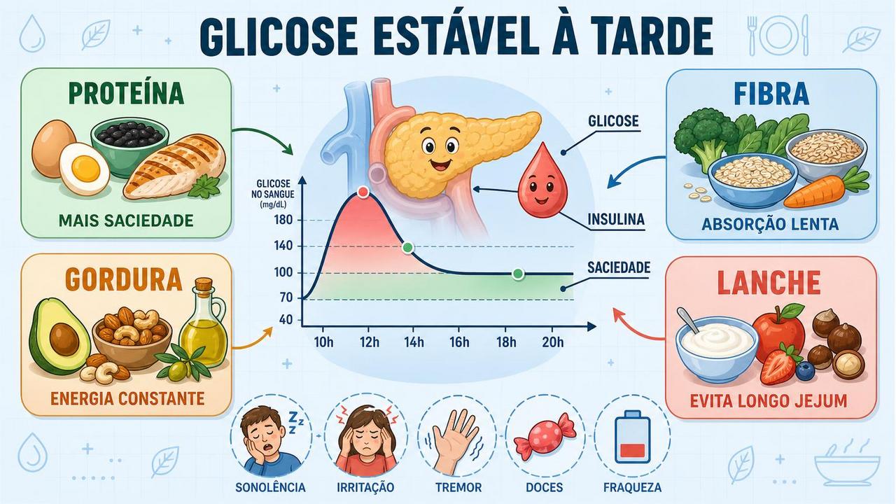 Proteína, fibra, gordura e lanche estratégico ajudam a estabilizar a glicose.