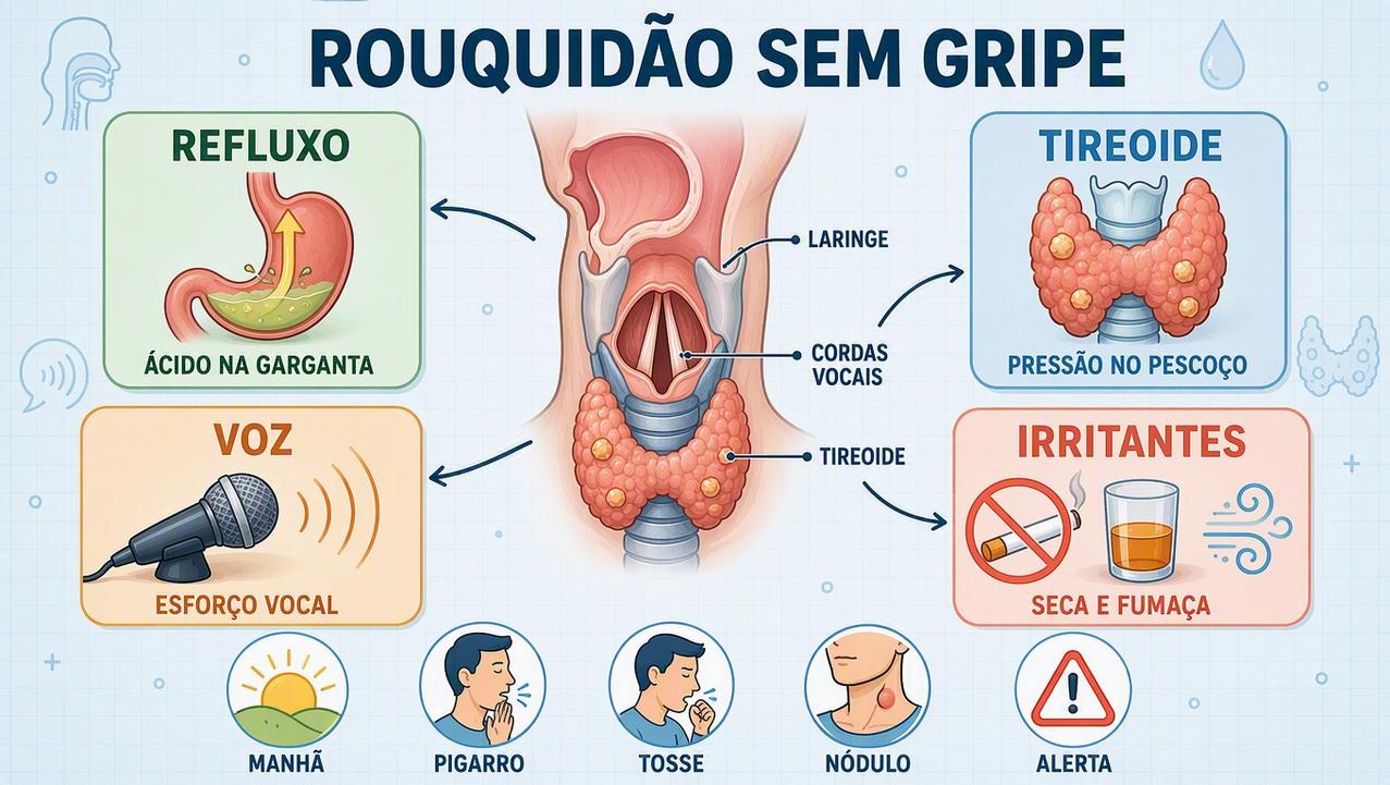 Infográfico resume causas, sinais e fatores ligados à rouquidão prolongada.