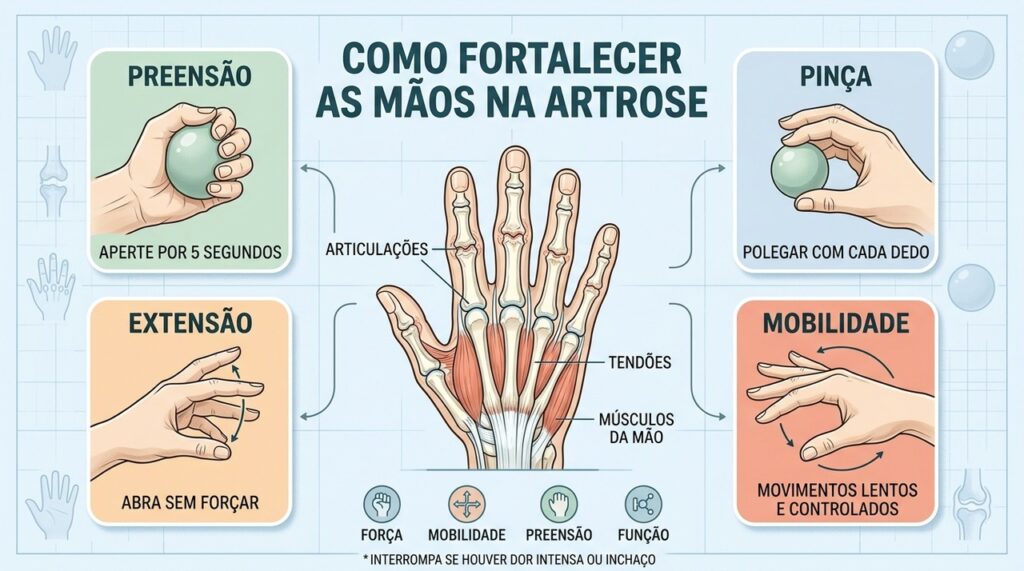 Preensão, pinça, extensão e mobilidade formam uma rotina completa para mãos com artrose.