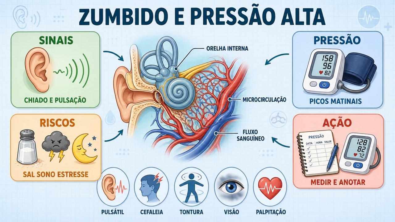 Infográfico resume sinais, riscos, monitoramento e ligação entre zumbido e circulação.
