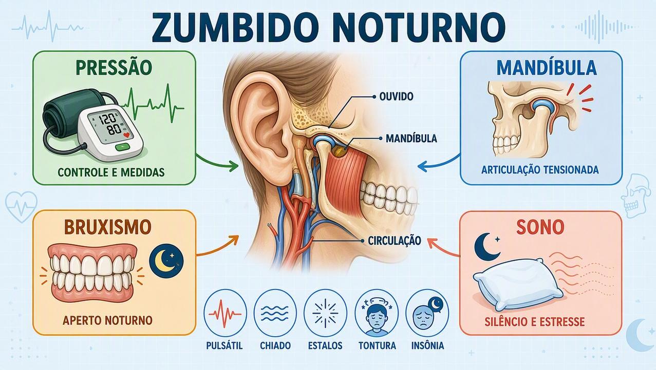 Pressão, mandíbula, bruxismo e sono influenciam o zumbido percebido à noite.