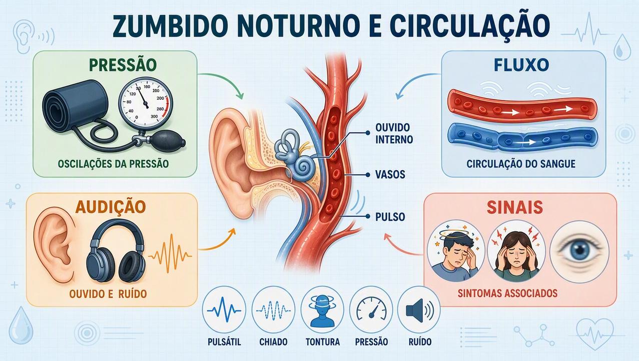 Infográfico resume pressão, fluxo sanguíneo, audição e sinais associados ao zumbido.