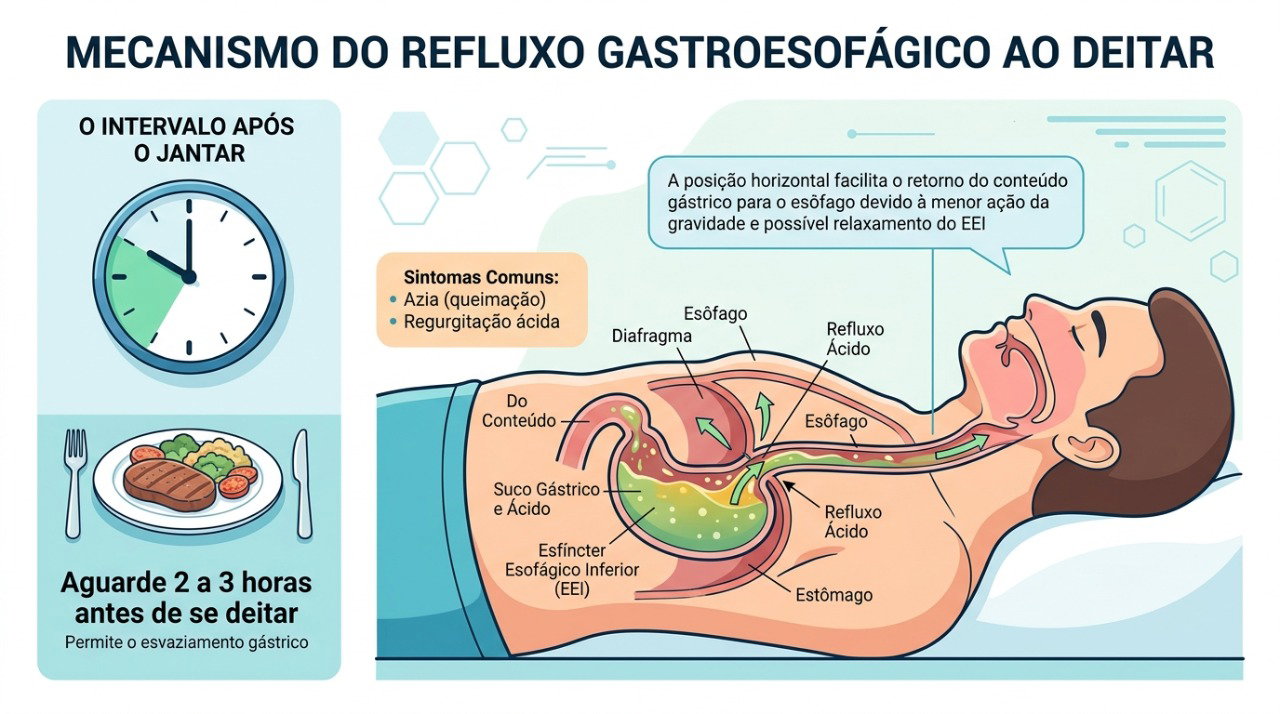 Esperar algumas horas após o jantar antes de se deitar pode ajudar a reduzir o refluxo noturno.
