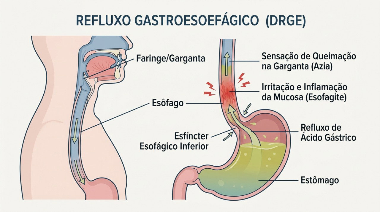 O refluxo pode irritar a garganta e contribuir para tosse, pigarro e rouquidão.