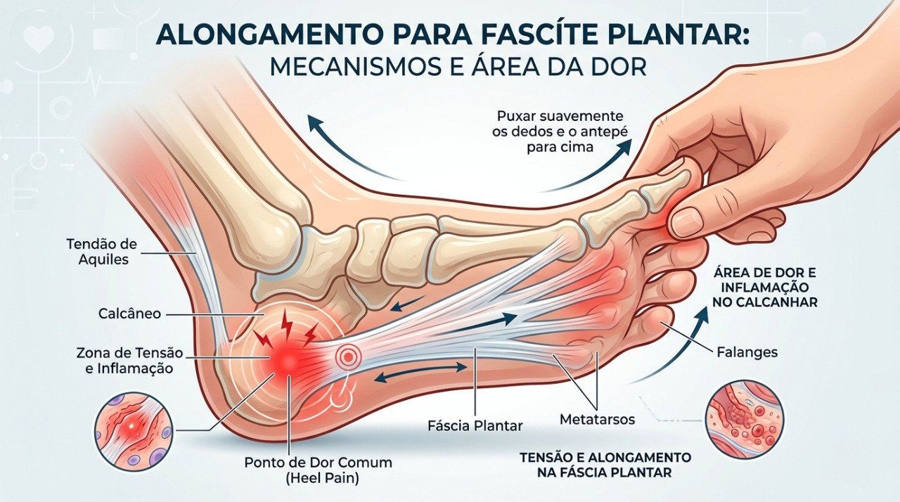 Alongar a fáscia plantar e a panturrilha pode ajudar a reduzir a dor no calcanhar.