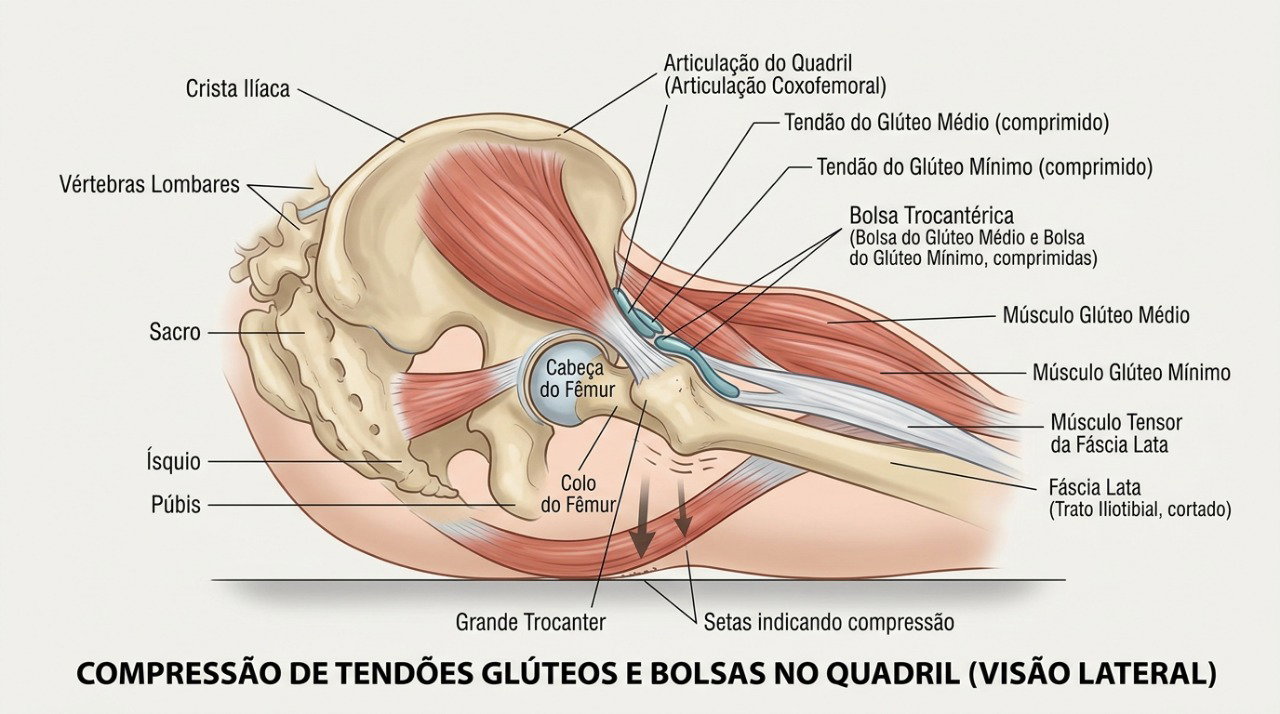 A pressão sobre bursas e tendões sensibilizados pode intensificar a dor lateral do quadril.