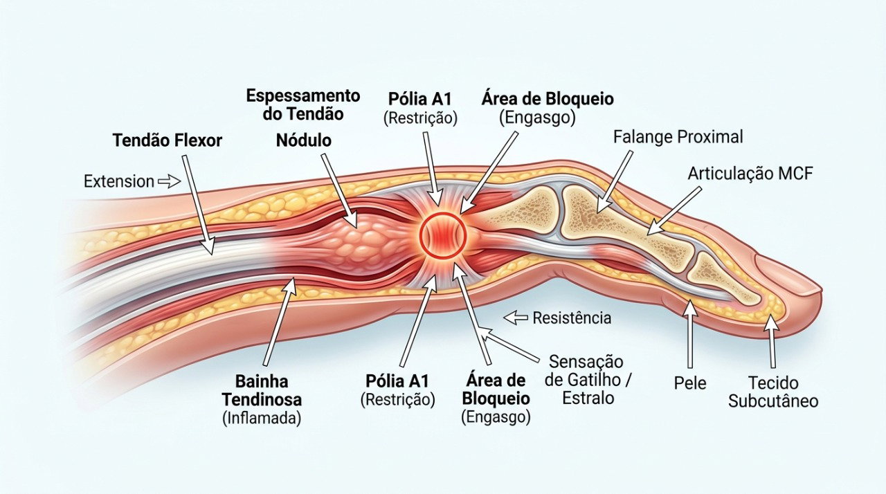 No dedo em gatilho, o tendão encontra resistência ao deslizar e pode causar estalos, dor e travamento.