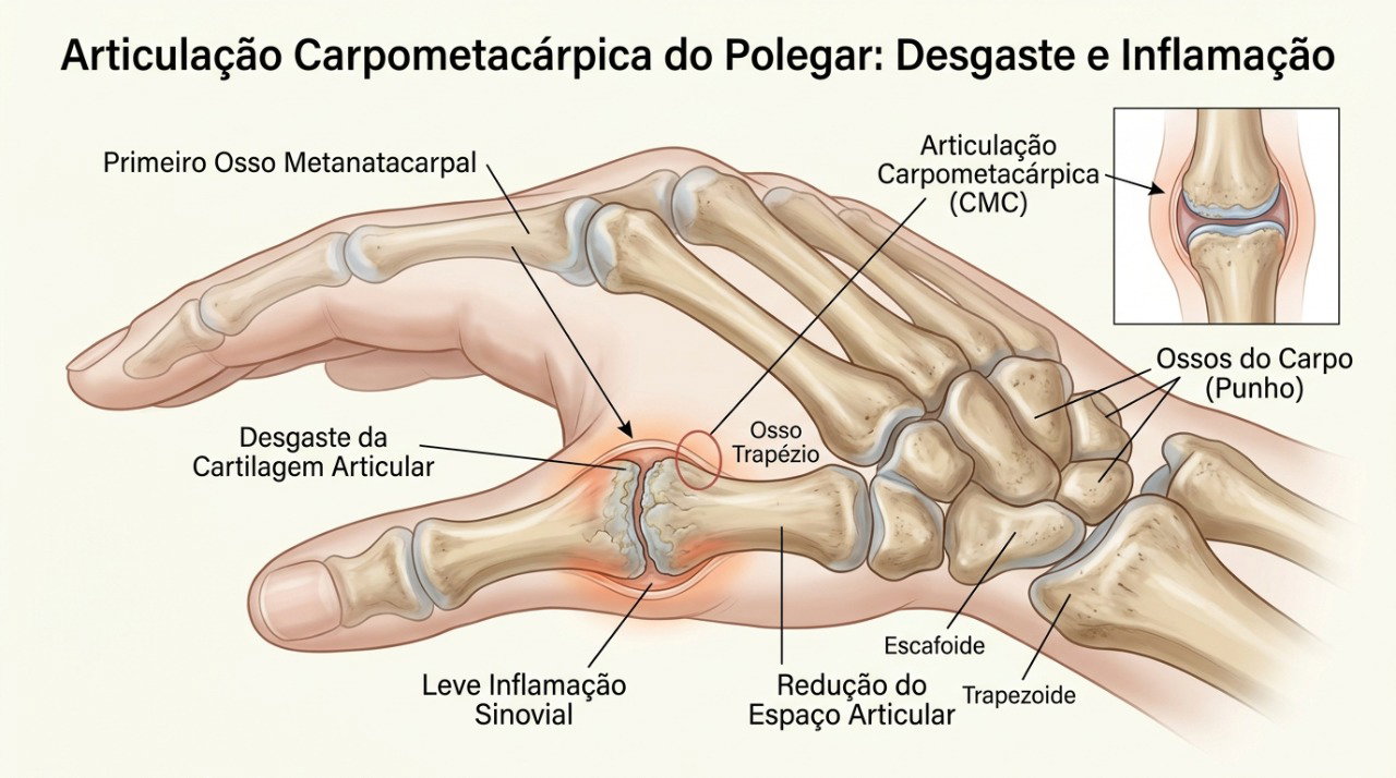 O desgaste da articulação na base do polegar pode causar dor, rigidez e perda de força.