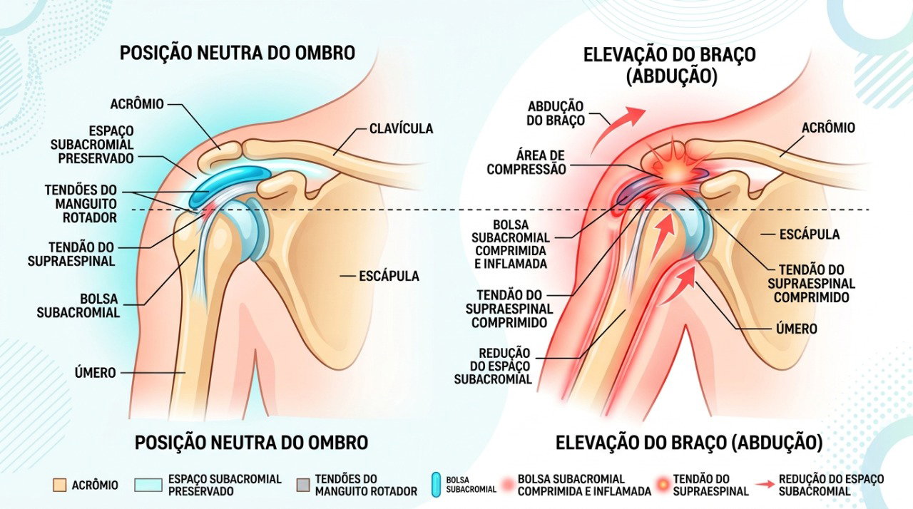 A elevação do braço pode aumentar a compressão de estruturas sensibilizadas no ombro.