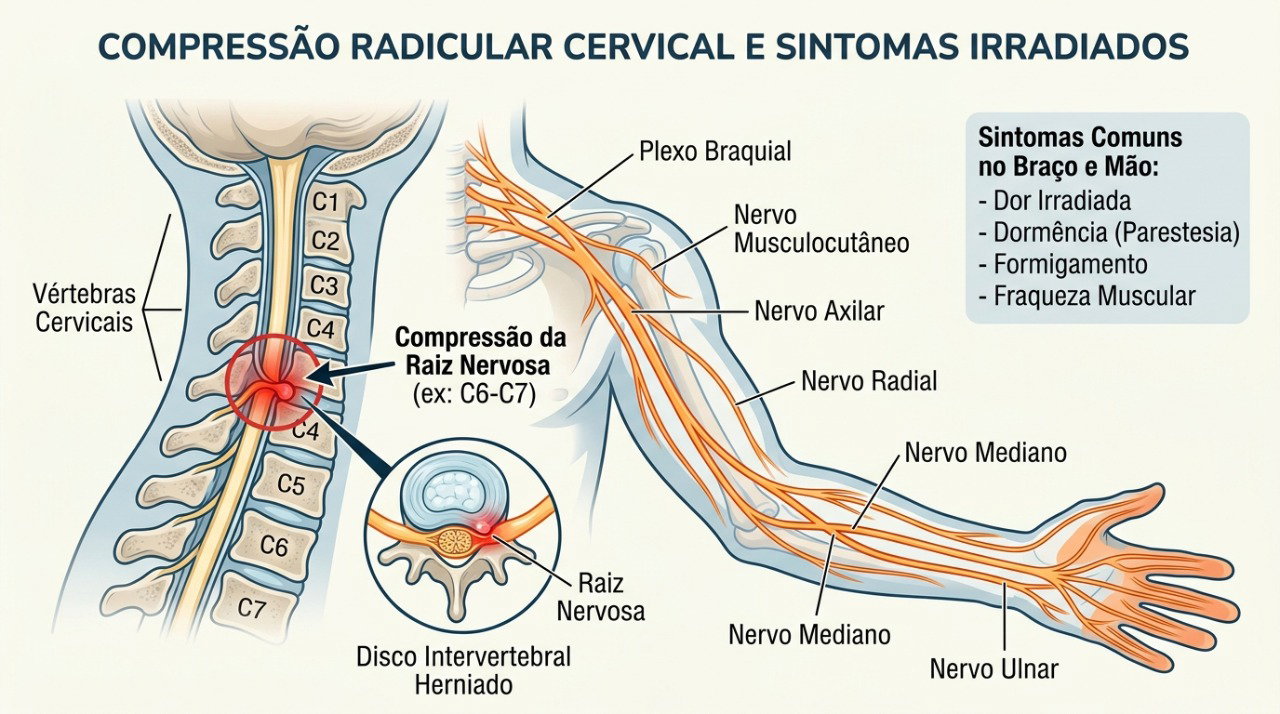 A compressão de uma raiz nervosa cervical pode causar dor, dormência, formigamento e fraqueza no braço.