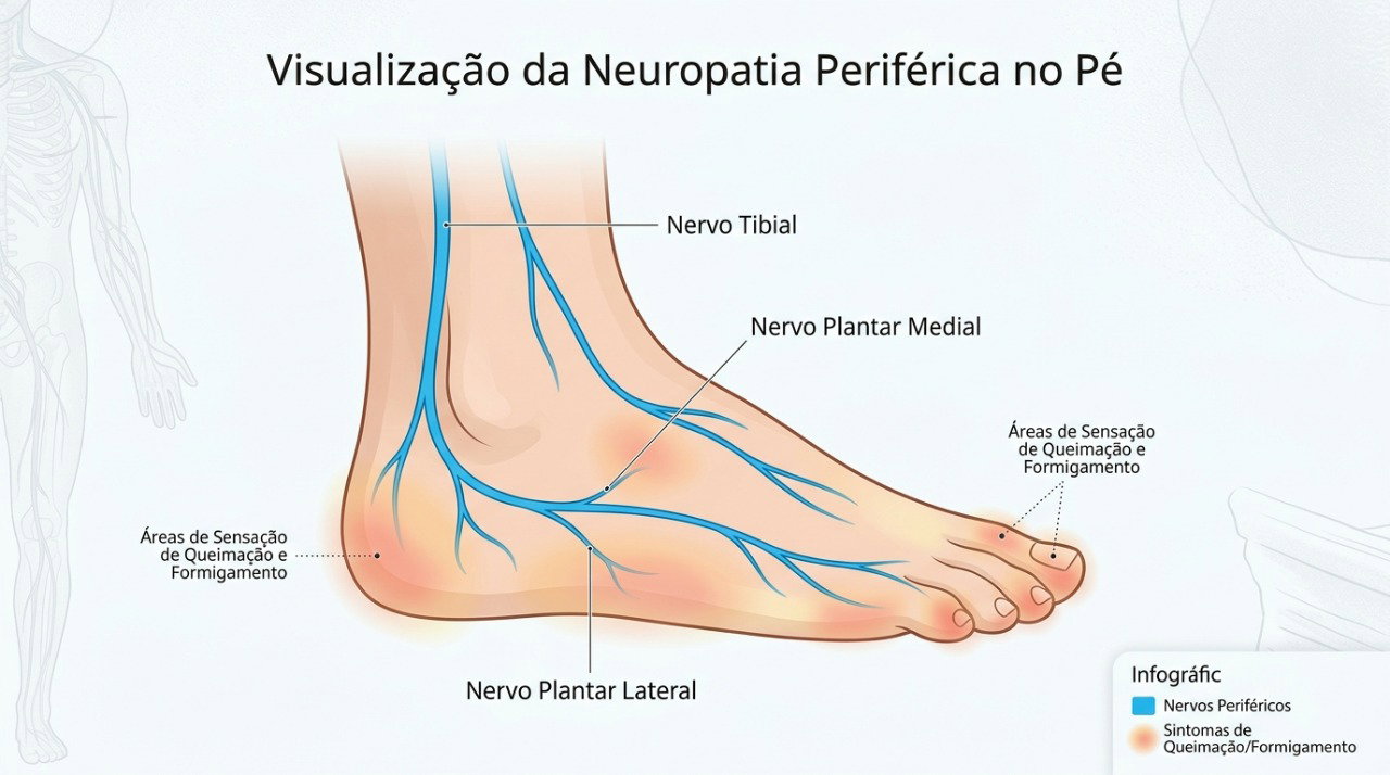 Alterações nos nervos periféricos podem causar ardência, formigamento, choques e perda de sensibilidade nos pés.