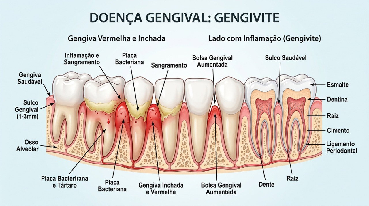 Placa bacteriana acumulada próxima aos dentes pode provocar gengivite, inchaço e sangramento.