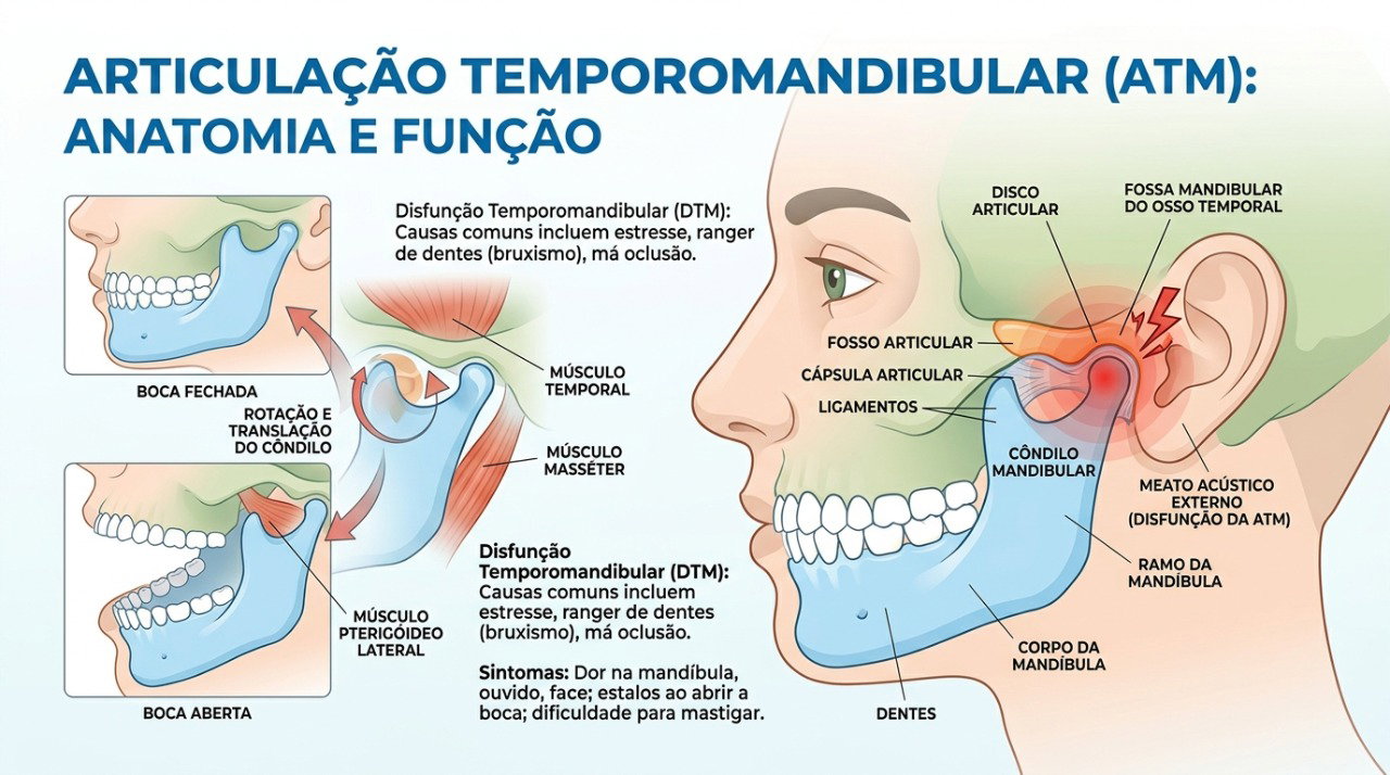 A articulação temporomandibular pode causar dor, rigidez, estalos e limitação dos movimentos da mandíbula.