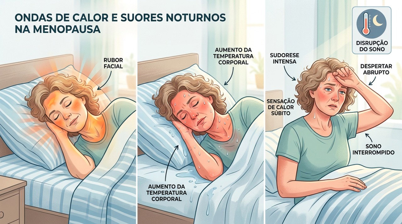Ondas de calor durante a noite podem fragmentar o sono e dificultar que a mulher volte a dormir.