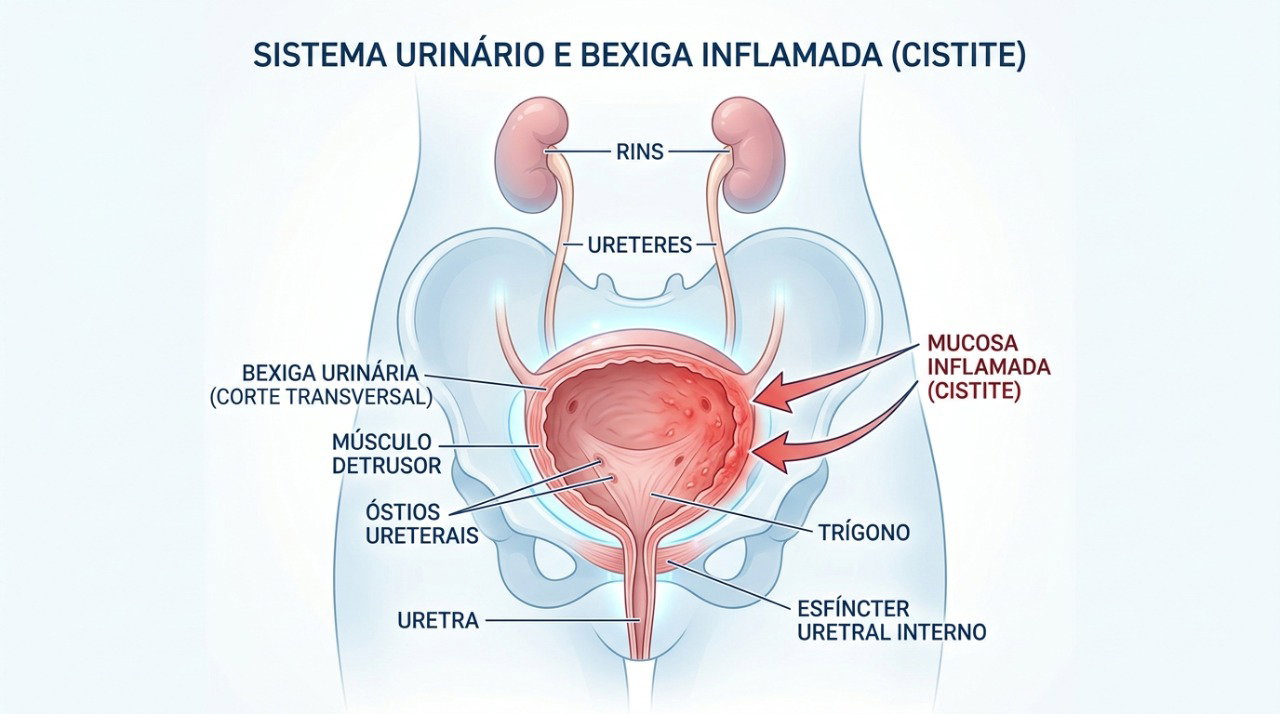 A inflamação da bexiga pode causar ardência, urgência e aumento da frequência urinária.