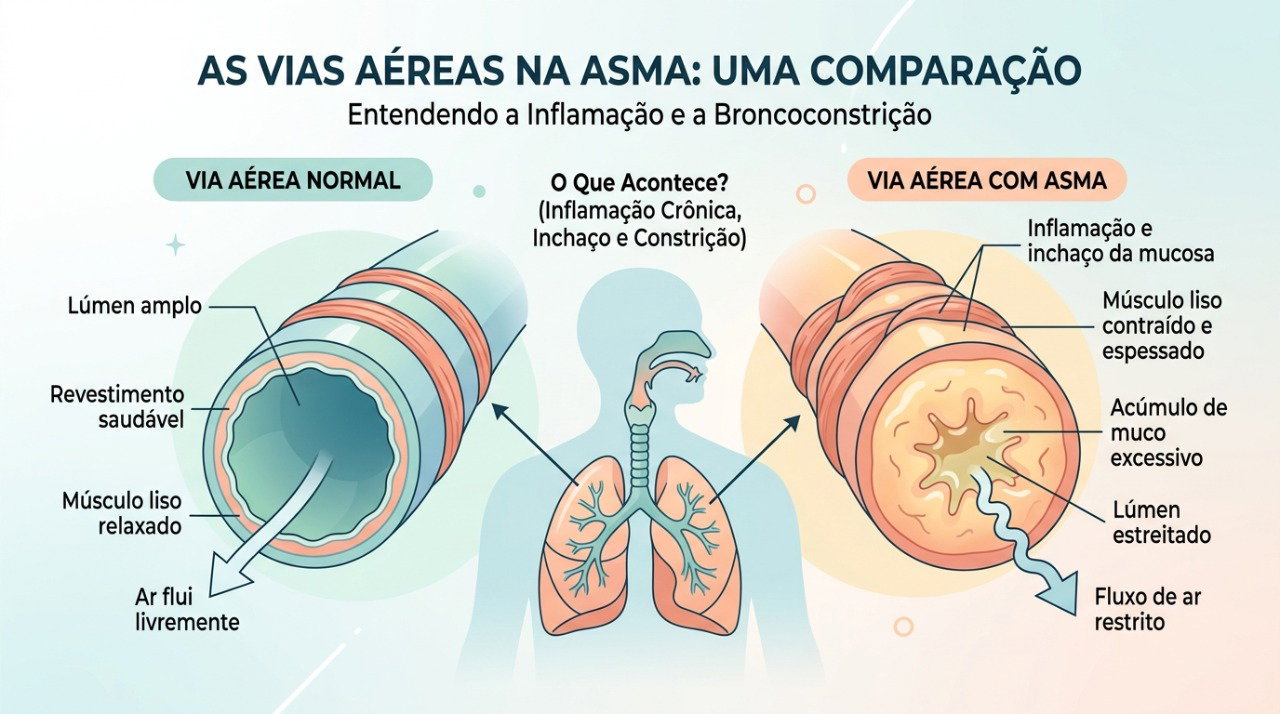 Na asma, a inflamação e o estreitamento das vias respiratórias podem causar chiado, tosse e falta de ar.