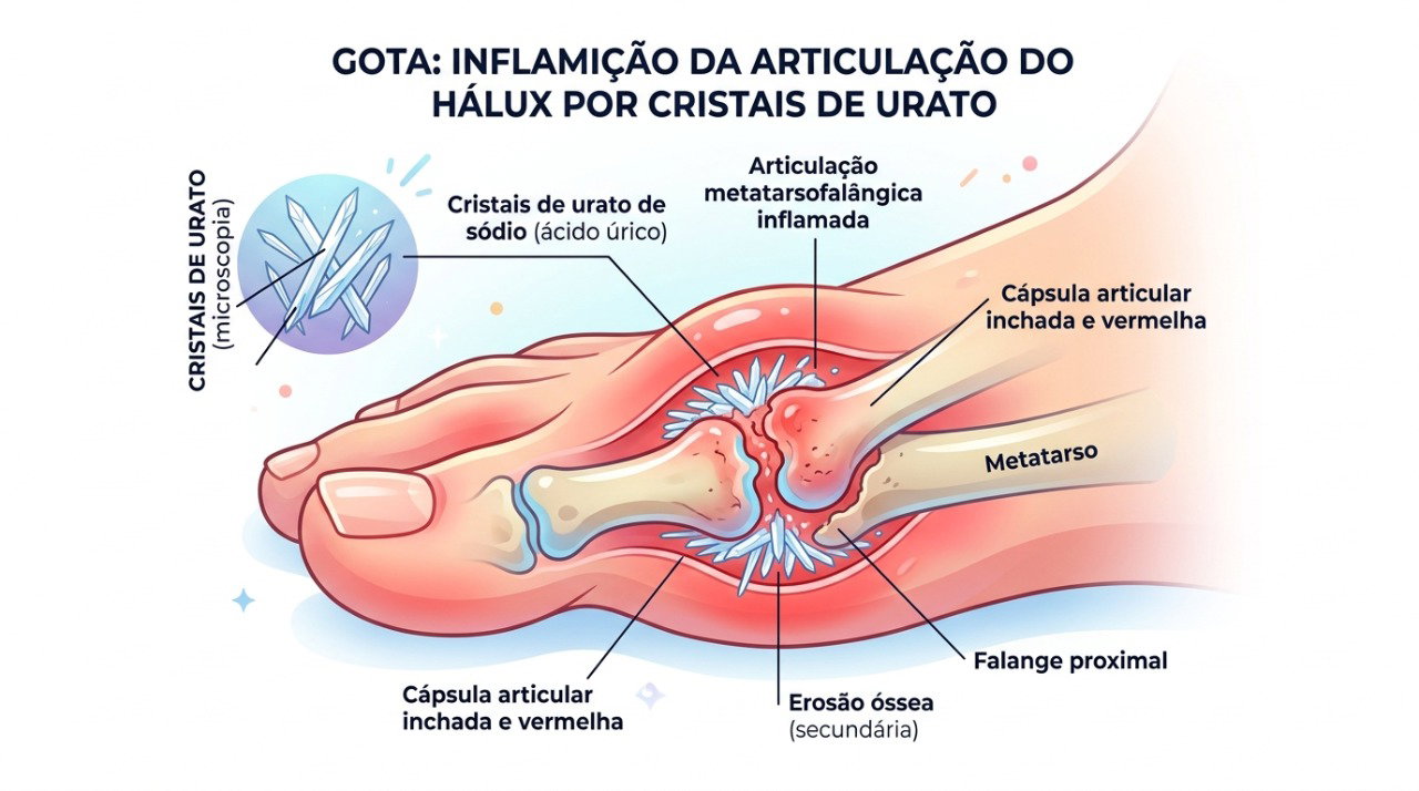 Na gota, cristais de urato podem provocar inflamação intensa, dor, calor e inchaço na articulação do dedão.