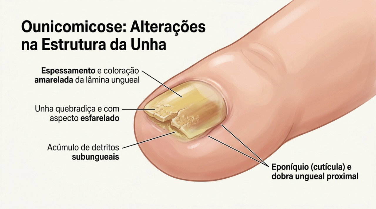 A micose de unha pode causar espessamento, mudança de cor, fragilidade e descolamento da unha.