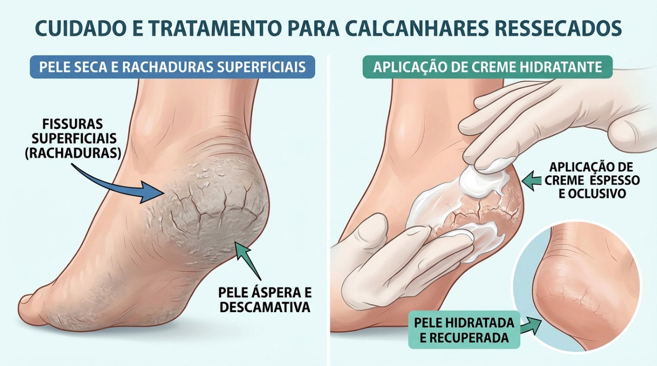 Hidratação frequente ajuda a recuperar a barreira da pele e favorece a melhora das fissuras do calcanhar.