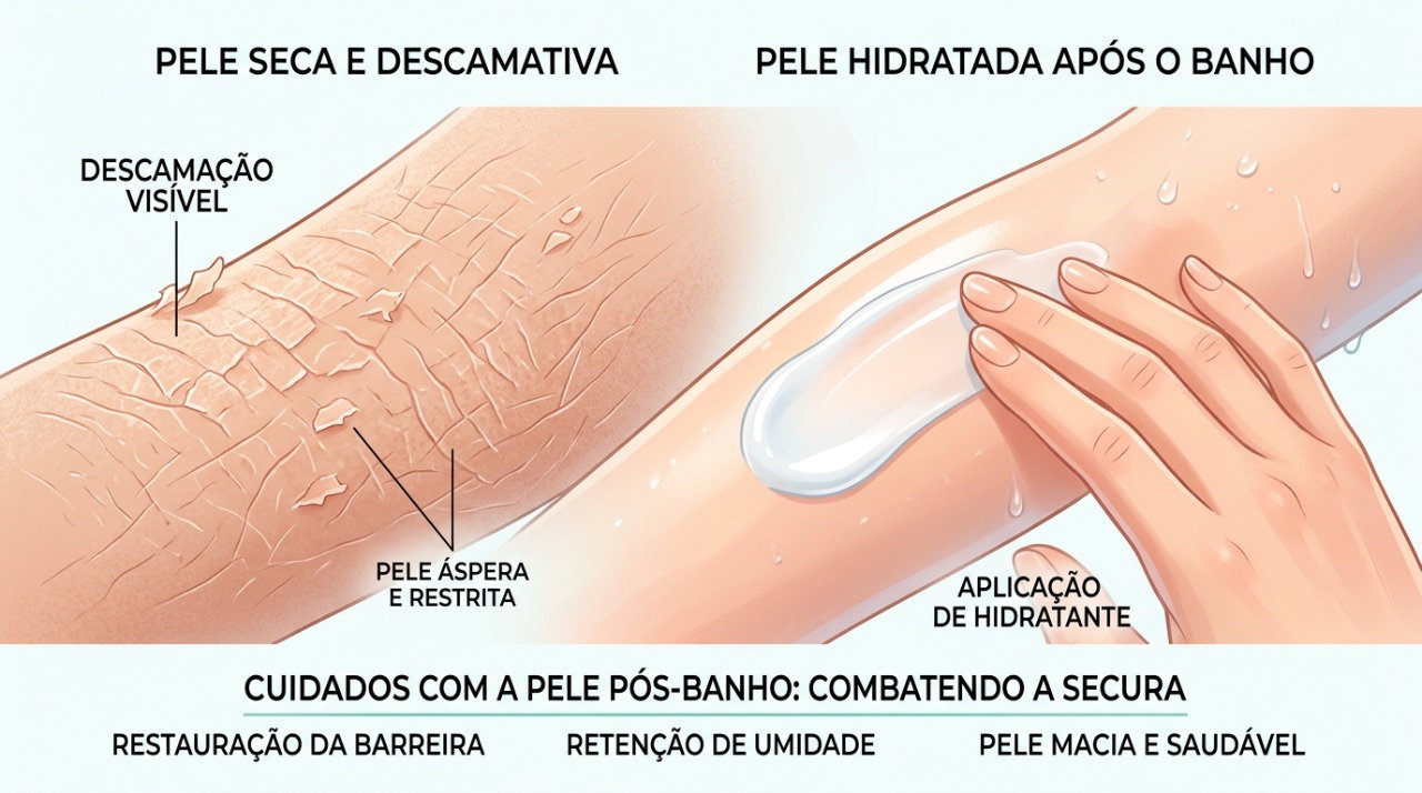 Aplicar hidratante após o banho ajuda a reter água na pele e reduzir o ressecamento.