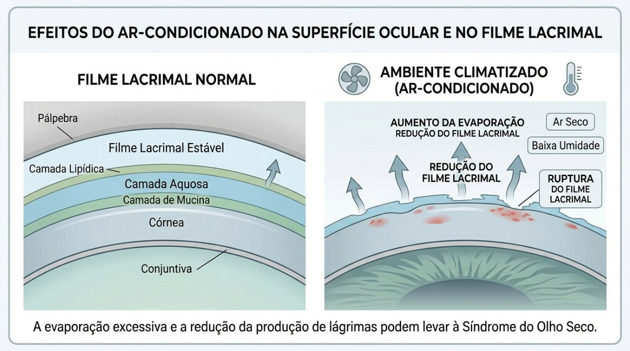 Menos piscadas e maior evaporação das lágrimas podem favorecer ardor, ressecamento e visão embaçada.