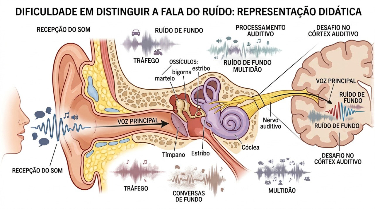 A perda auditiva pode dificultar a separação entre a voz de interesse e os ruídos do ambiente.