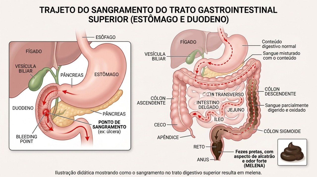 Sangramentos no trato digestivo alto podem escurecer as fezes e produzir o aspecto típico de melena.