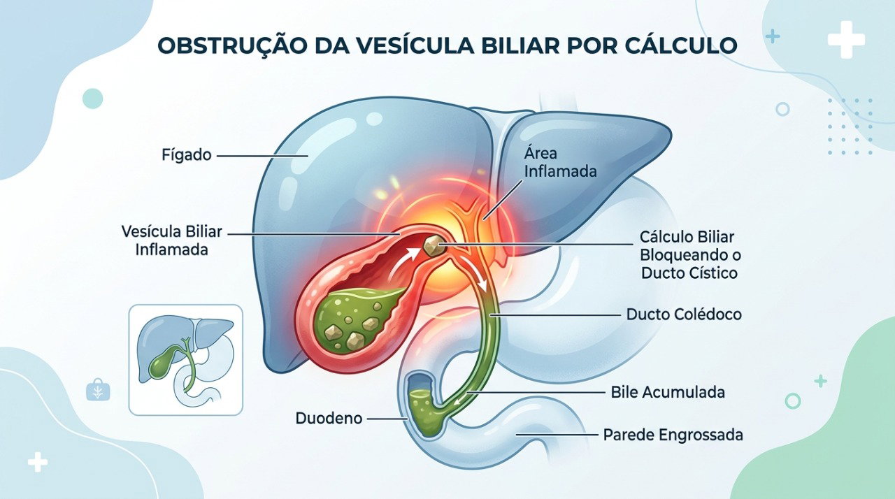 Pedras na vesícula podem bloquear a saída da bile e causar crises de dor intensa no lado direito do abdômen.