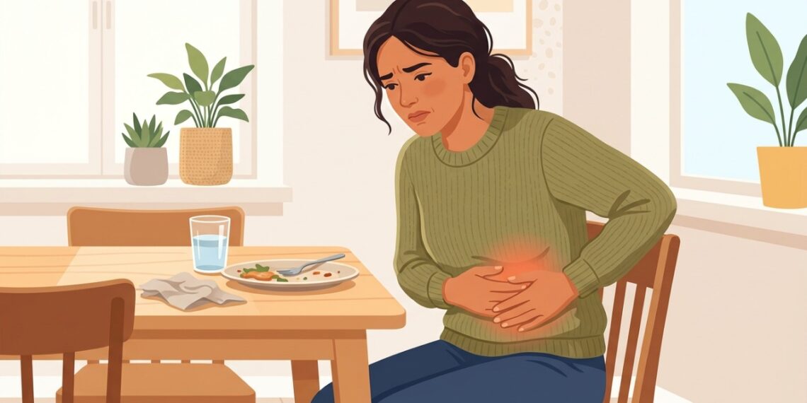 Dor forte no lado direito da barriga após refeições pesadas pode estar relacionada à vesícula.