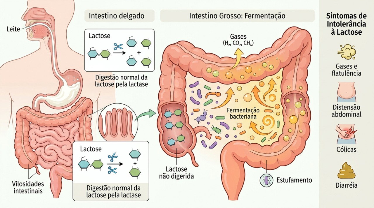 A lactose não digerida pode ser fermentada no intestino e provocar gases, inchaço e alteração das fezes.