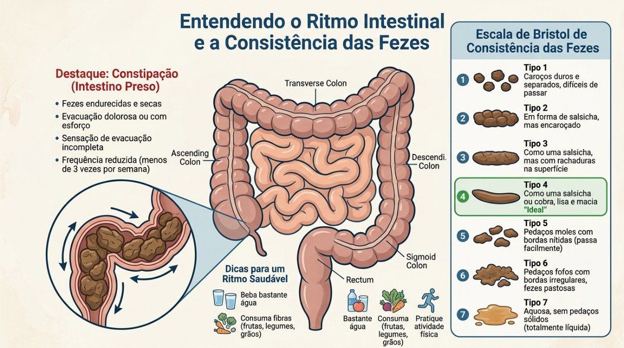 Frequência, consistência das fezes e esforço para evacuar ajudam a avaliar o funcionamento intestinal.