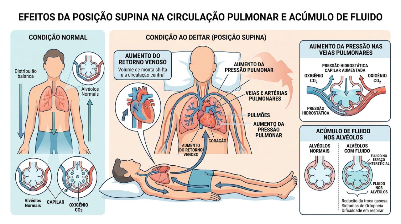 Ao deitar, alterações na circulação podem favorecer falta de ar em algumas doenças cardíacas e pulmonares.