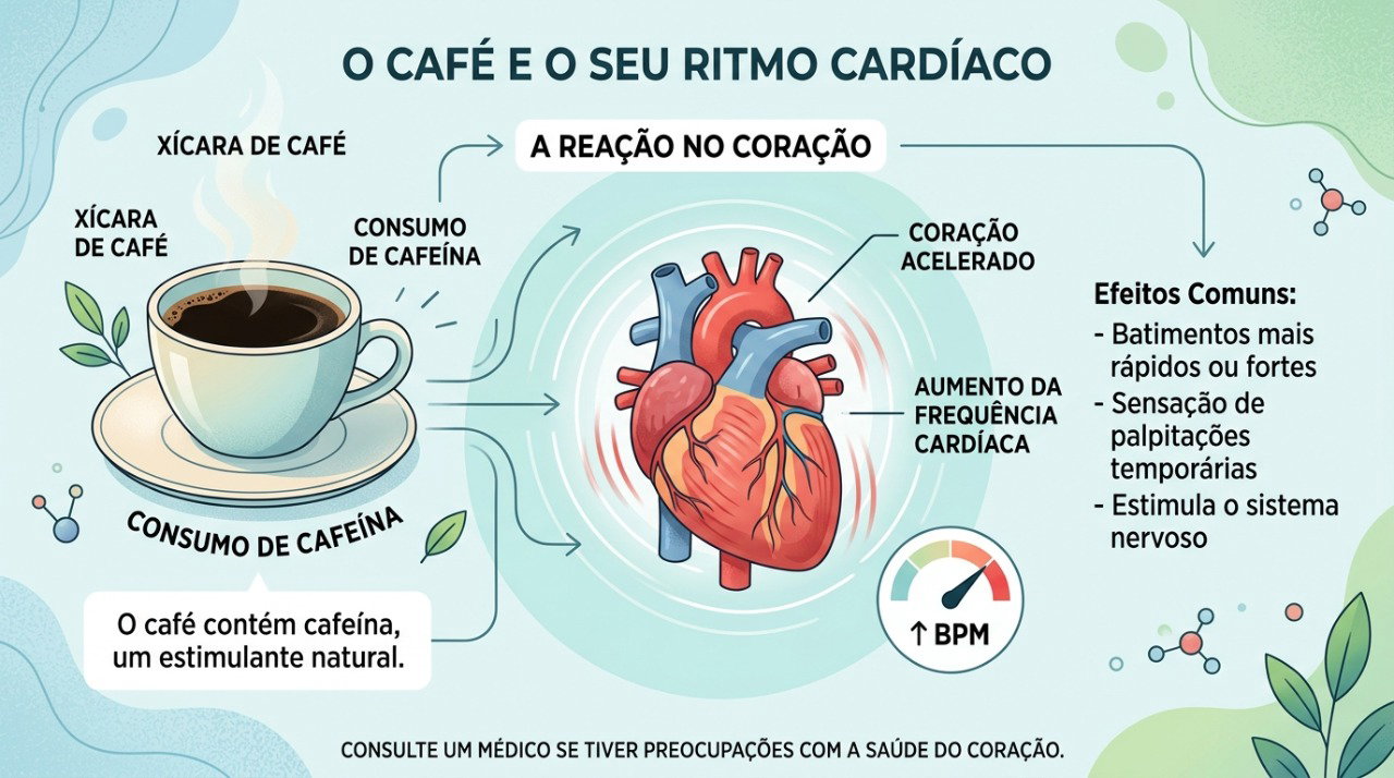 A cafeína pode aumentar temporariamente a frequência cardíaca e provocar sensação de batimentos fortes ou rápidos.