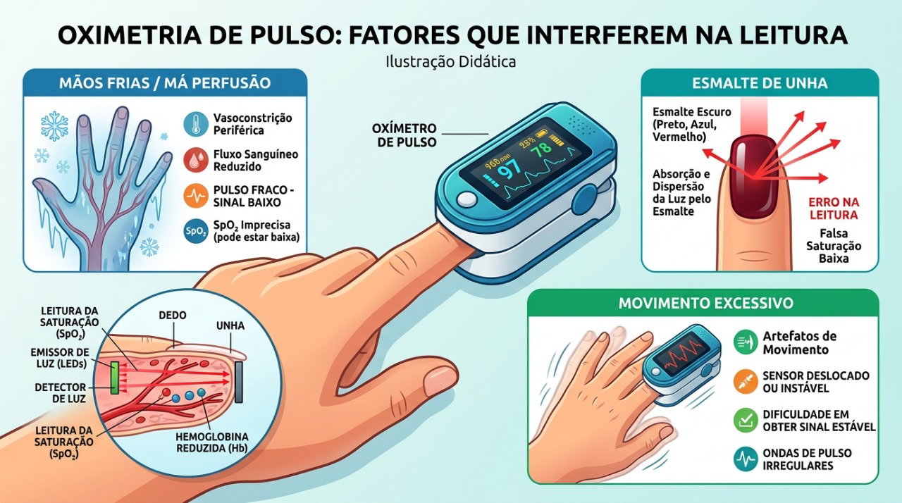 Mãos frias, esmalte e movimento podem interferir na precisão da leitura do oxímetro.
