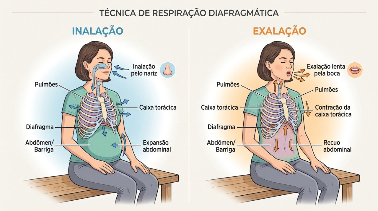Respiração lenta e controlada pode ajudar a reduzir o ritmo acelerado durante uma crise de ansiedade.