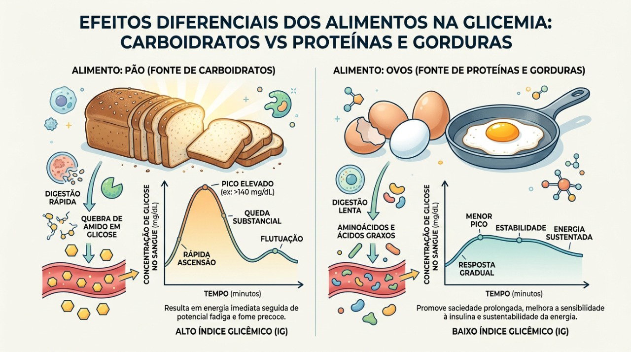 Proteína e gordura podem tornar mais gradual a resposta da glicose quando acompanham uma refeição com carboidratos.