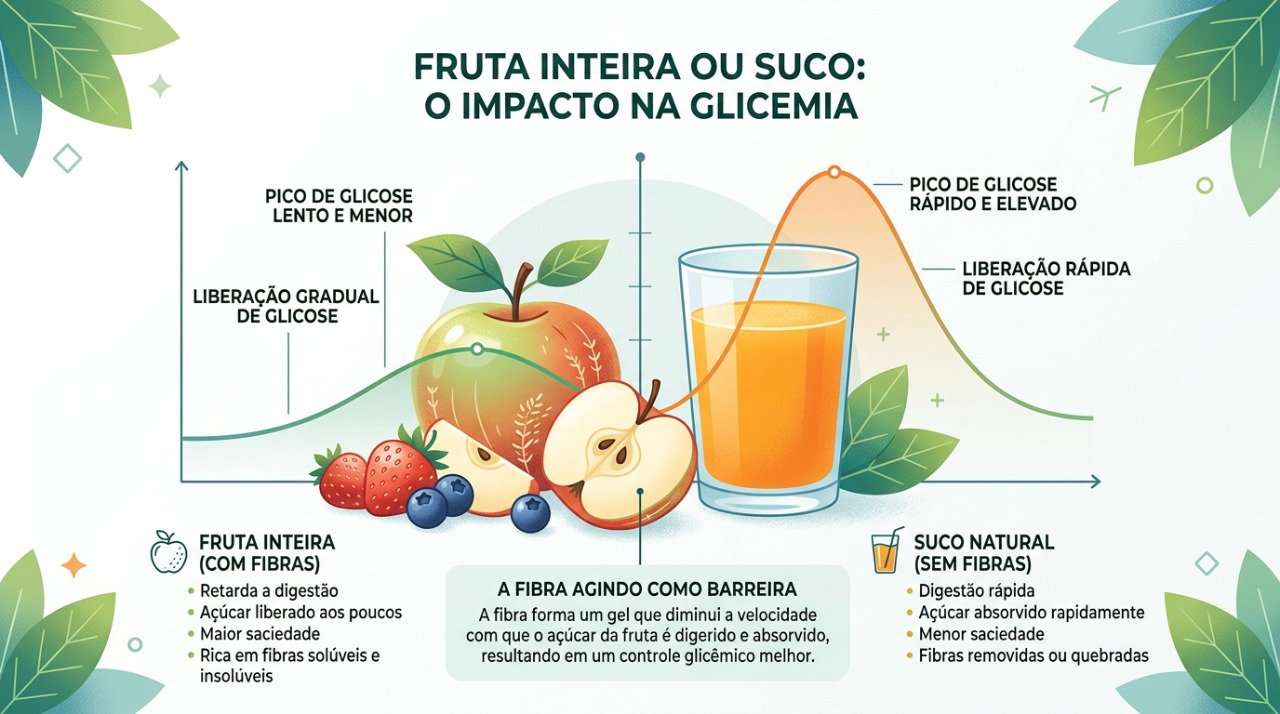 A fibra da fruta inteira ajuda a tornar a absorção dos açúcares mais gradual em comparação com o suco.